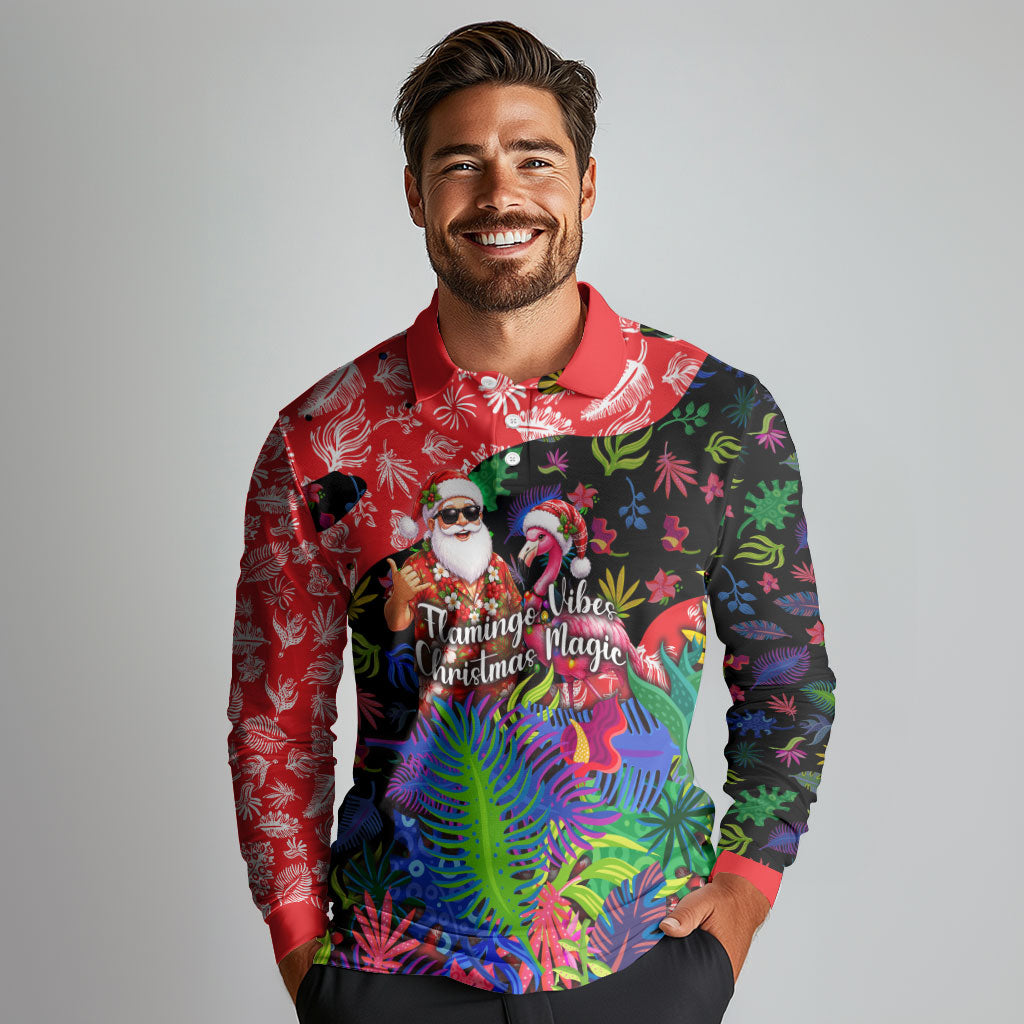 Christmas In July Flamingo Long Sleeve Polo Shirt Magic Santa Claus Festive Tropical Hawaiian Beach Birds