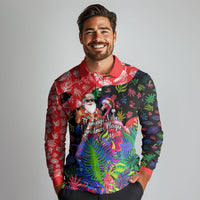 Christmas In July Flamingo Long Sleeve Polo Shirt Magic Santa Claus Festive Tropical Hawaiian Beach Birds