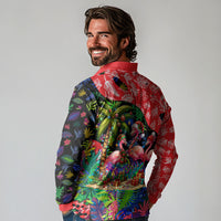 Christmas In July Flamingo Long Sleeve Polo Shirt Magic Santa Claus Festive Tropical Hawaiian Beach Birds