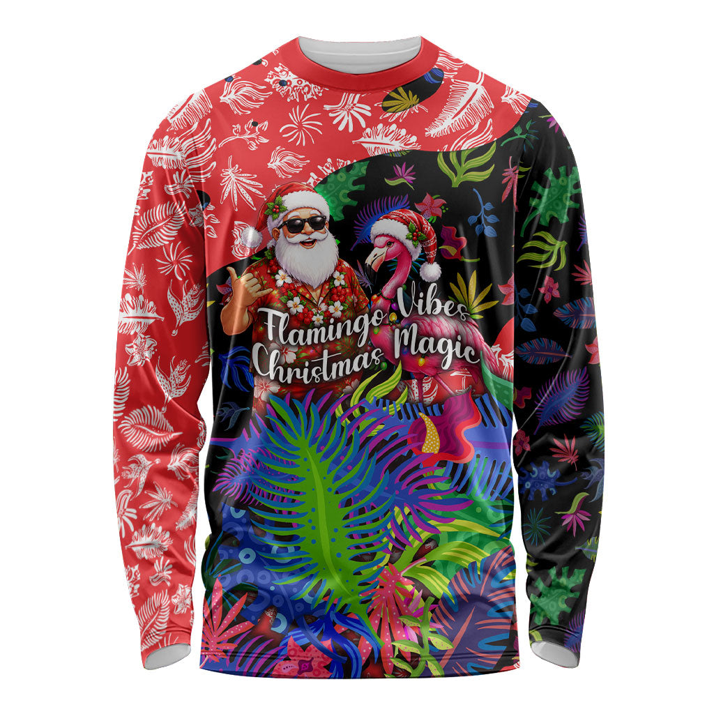 Christmas In July Flamingo Long Sleeve Shirt Magic Santa Claus Festive Tropical Hawaiian Beach Birds