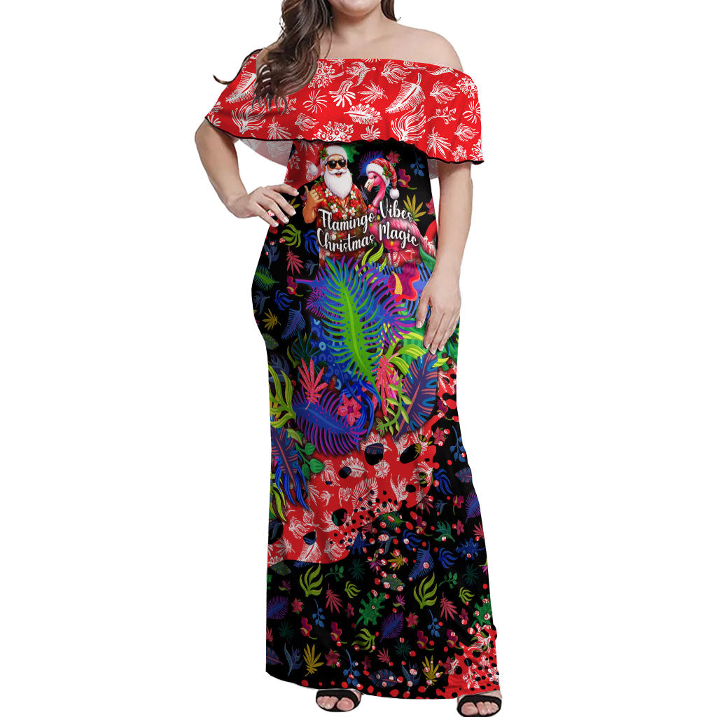 Christmas In July Flamingo Off Shoulder Maxi Dress Magic Santa Claus Festive Tropical Hawaiian Beach Birds