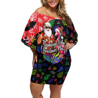 Christmas In July Flamingo Off Shoulder Short Dress Magic Santa Claus Festive Tropical Hawaiian Beach Birds