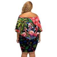 Christmas In July Flamingo Off Shoulder Short Dress Magic Santa Claus Festive Tropical Hawaiian Beach Birds