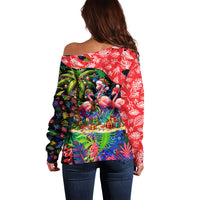 Christmas In July Flamingo Off Shoulder Sweater Magic Santa Claus Festive Tropical Hawaiian Beach Birds