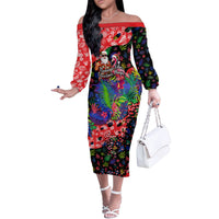 Christmas In July Flamingo Off The Shoulder Long Sleeve Dress Magic Santa Claus Festive Tropical Hawaiian Beach Birds