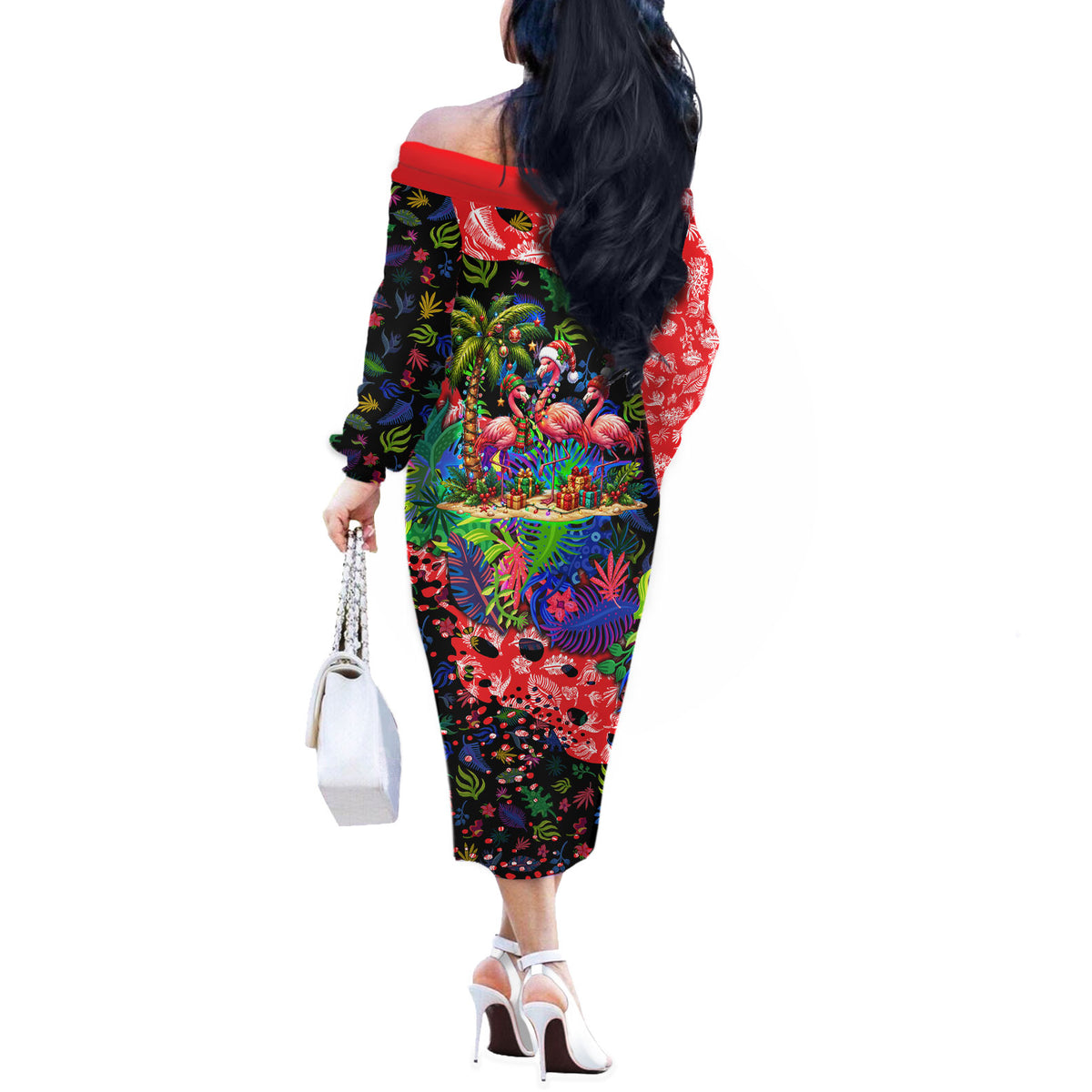 Christmas In July Flamingo Off The Shoulder Long Sleeve Dress Magic Santa Claus Festive Tropical Hawaiian Beach Birds
