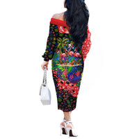 Christmas In July Flamingo Off The Shoulder Long Sleeve Dress Magic Santa Claus Festive Tropical Hawaiian Beach Birds