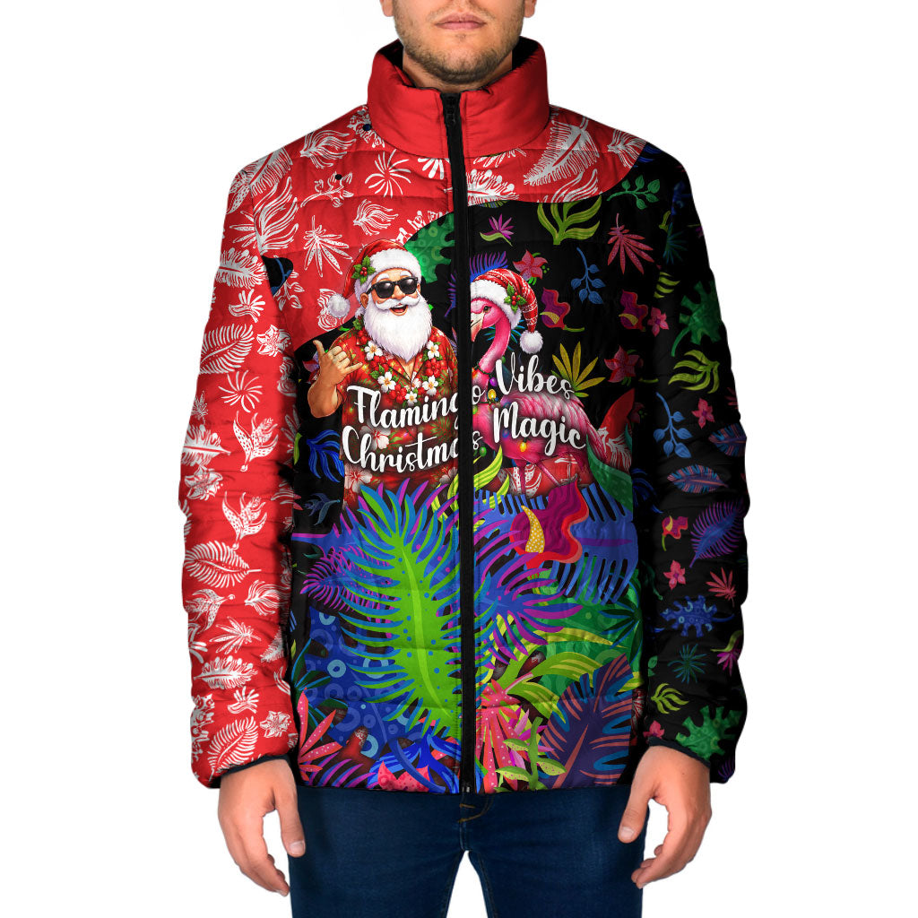 Christmas In July Flamingo Padded Jacket Magic Santa Claus Festive Tropical Hawaiian Beach Birds