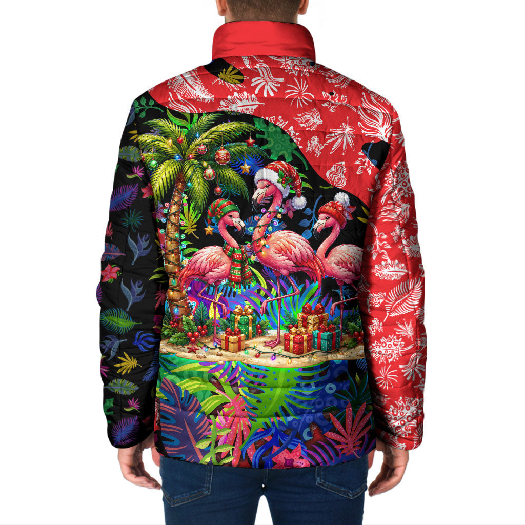 Christmas In July Flamingo Padded Jacket Magic Santa Claus Festive Tropical Hawaiian Beach Birds