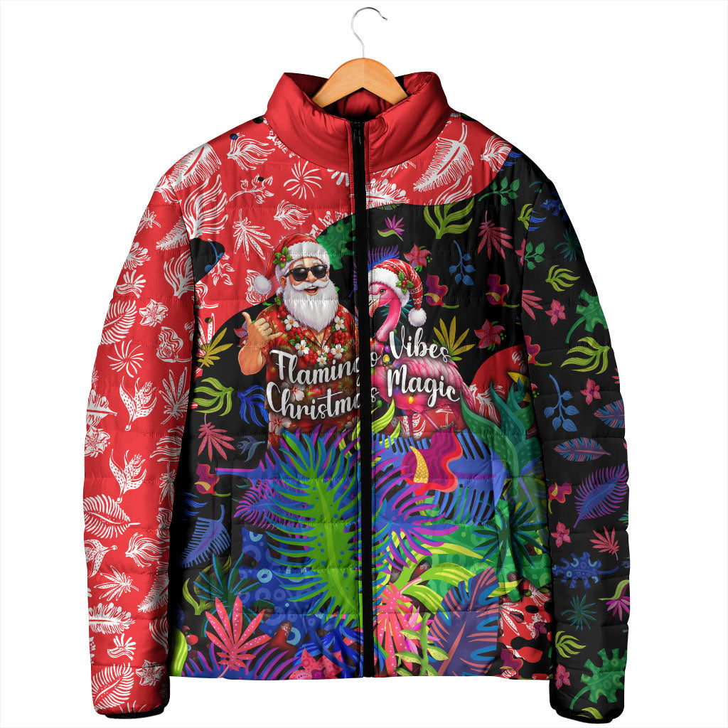 Christmas In July Flamingo Padded Jacket Magic Santa Claus Festive Tropical Hawaiian Beach Birds