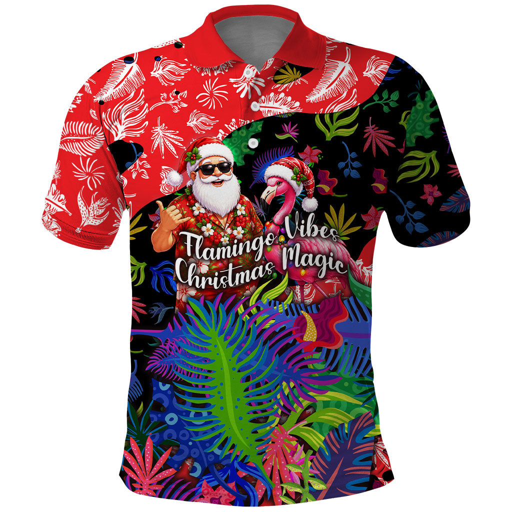 Christmas In July Flamingo Polo Shirt Magic Santa Claus Festive Tropical Hawaiian Beach Birds
