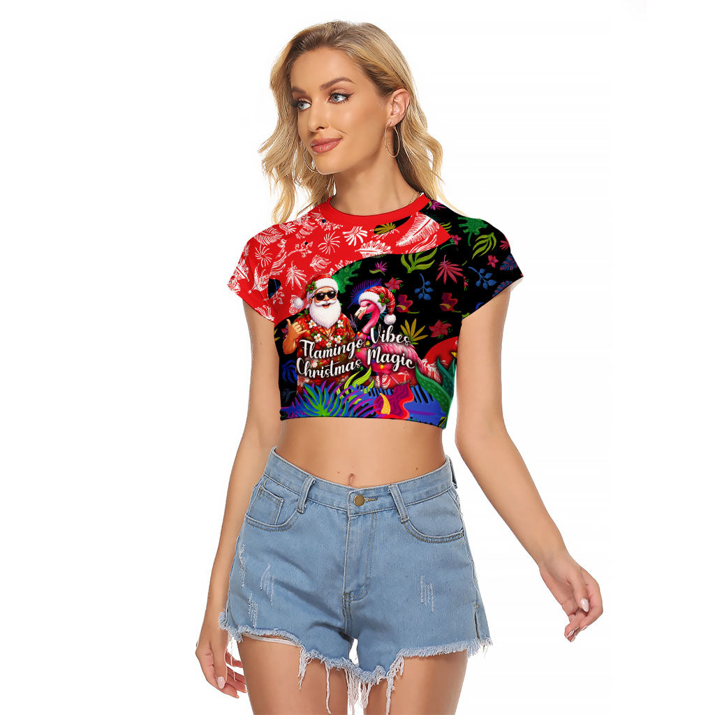 Christmas In July Flamingo Raglan Cropped T Shirt Magic Santa Claus Festive Tropical Hawaiian Beach Birds
