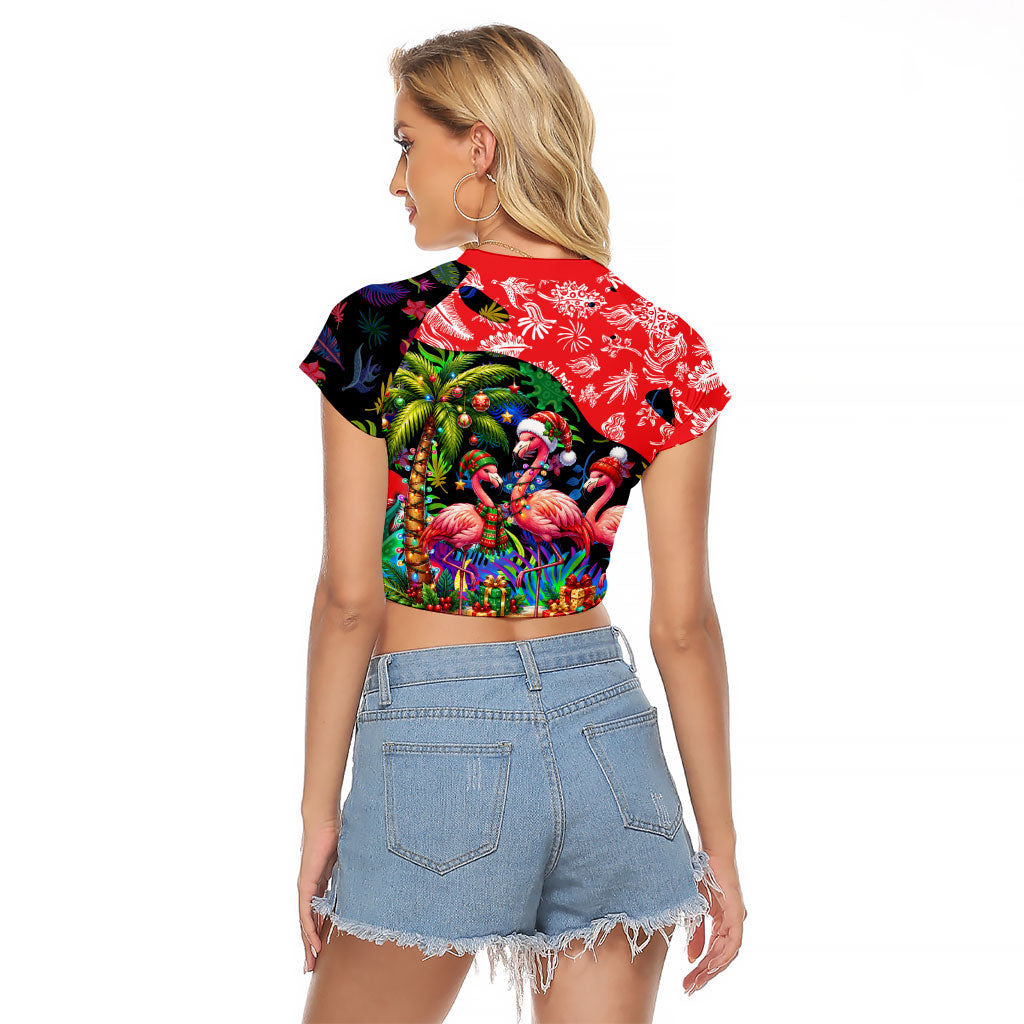 Christmas In July Flamingo Raglan Cropped T Shirt Magic Santa Claus Festive Tropical Hawaiian Beach Birds