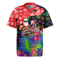 Christmas In July Flamingo Rugby Jersey Magic Santa Claus Festive Tropical Hawaiian Beach Birds