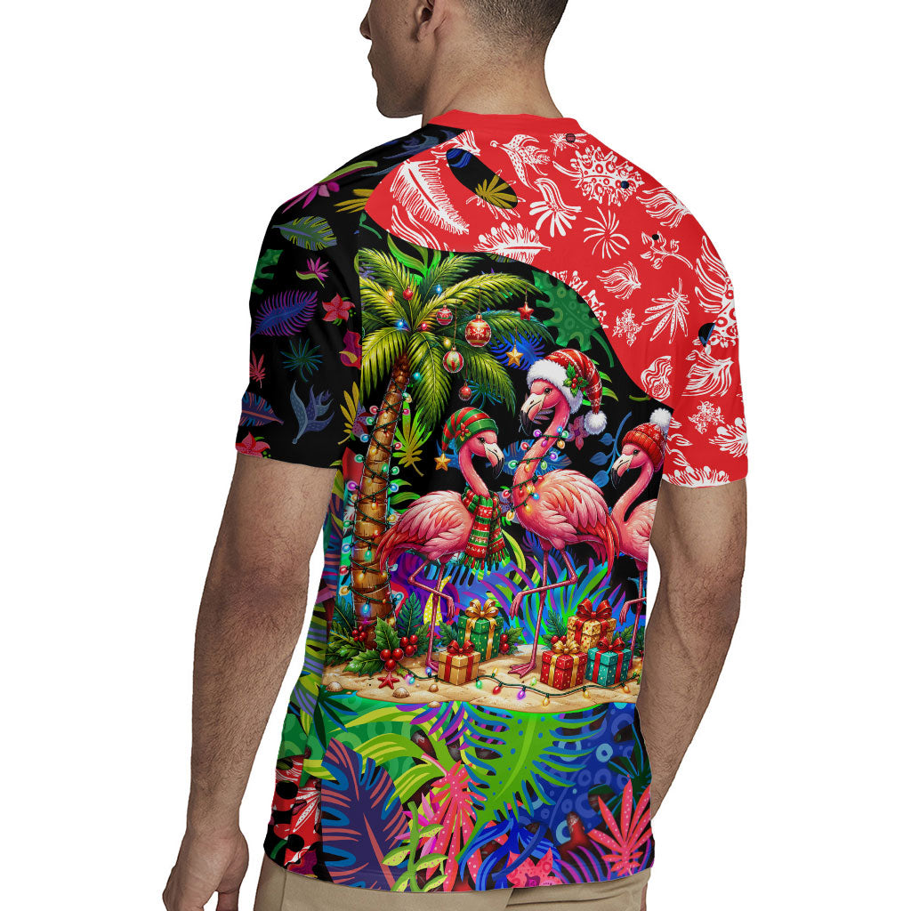 Christmas In July Flamingo Rugby Jersey Magic Santa Claus Festive Tropical Hawaiian Beach Birds