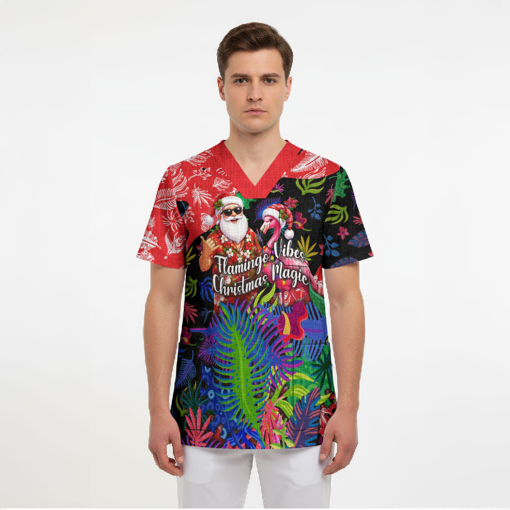 Christmas In July Flamingo Scrub Top Magic Santa Claus Festive Tropical Hawaiian Beach Birds