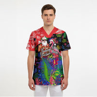 Christmas In July Flamingo Scrub Top Magic Santa Claus Festive Tropical Hawaiian Beach Birds