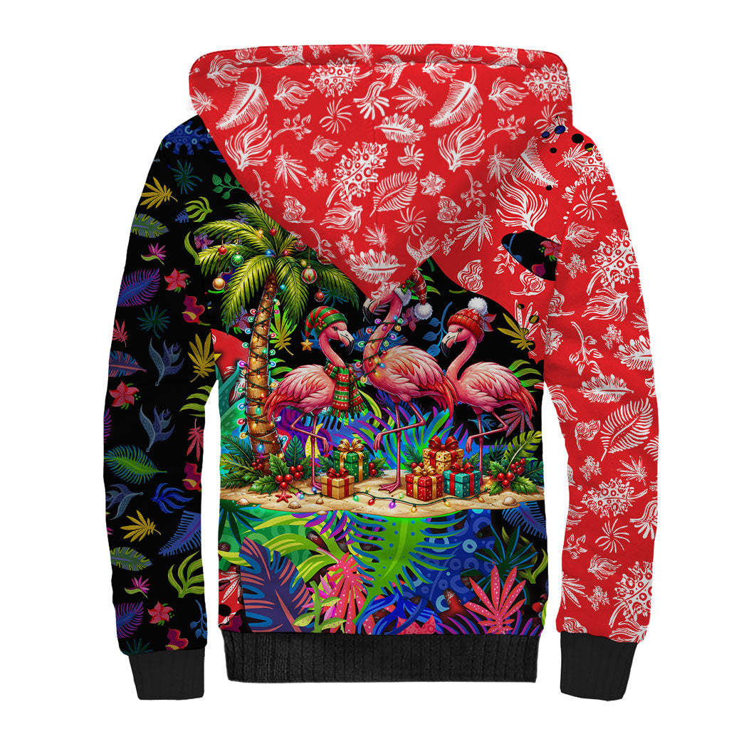 Christmas In July Flamingo Sherpa Hoodie Magic Santa Claus Festive Tropical Hawaiian Beach Birds