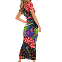 Christmas In July Flamingo Short Sleeve Bodycon Dress Magic Santa Claus Festive Tropical Hawaiian Beach Birds