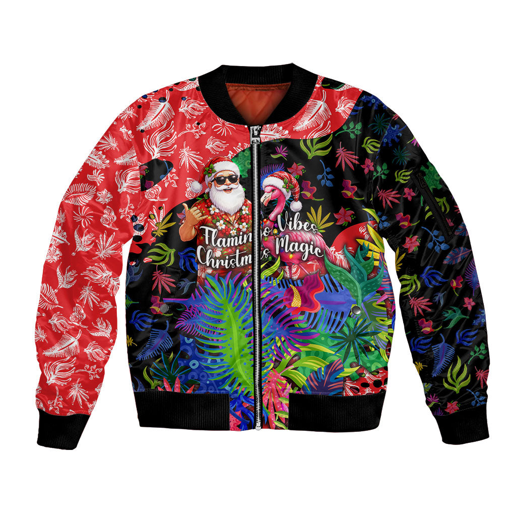 Christmas In July Flamingo Sleeve Zip Bomber Jacket Magic Santa Claus Festive Tropical Hawaiian Beach Birds