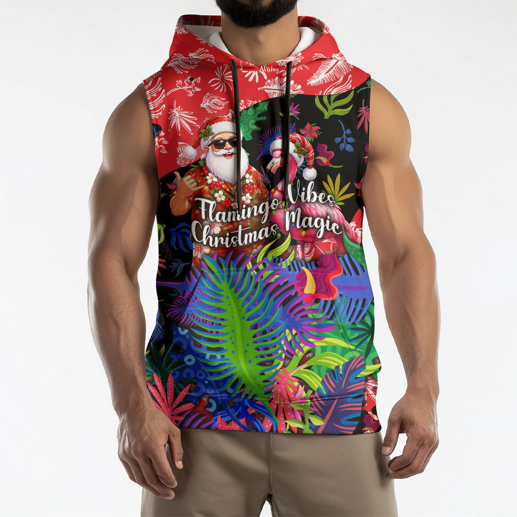 Christmas In July Flamingo Sleeveless Hoodie Magic Santa Claus Festive Tropical Hawaiian Beach Birds