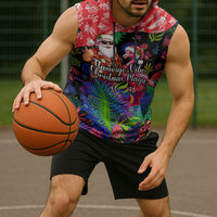 Christmas In July Flamingo Sleeveless Hoodie Magic Santa Claus Festive Tropical Hawaiian Beach Birds