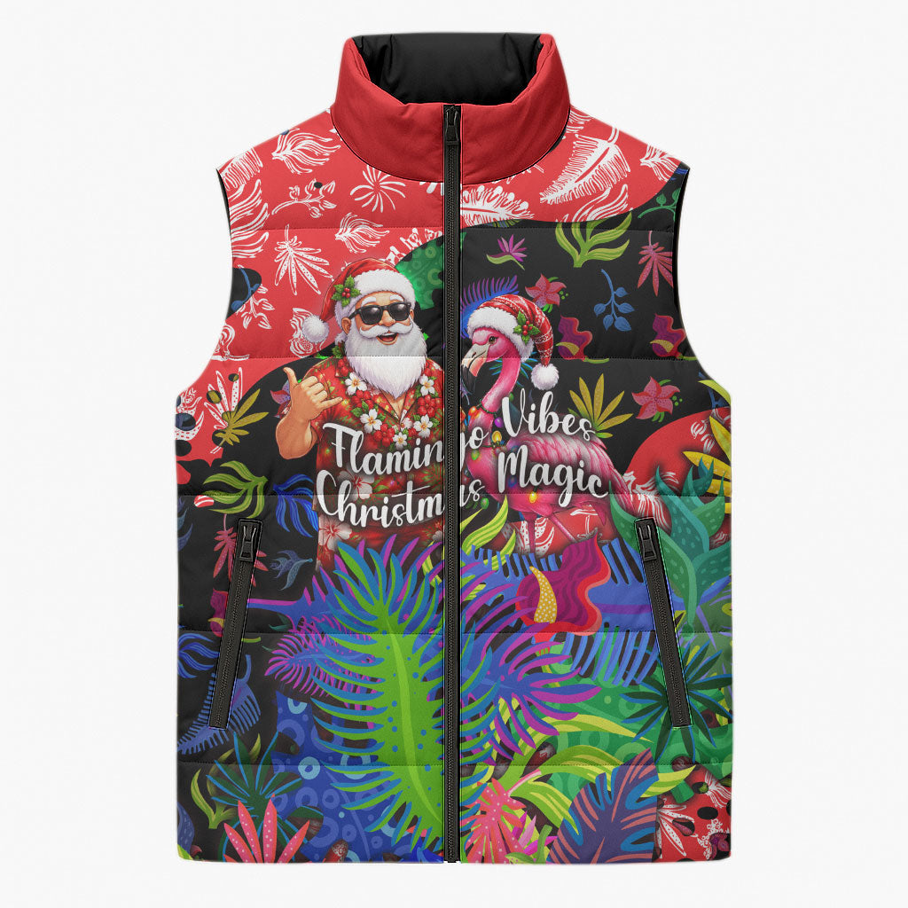 Christmas In July Flamingo Sleeveless Puffer Jacket Magic Santa Claus Festive Tropical Hawaiian Beach Birds