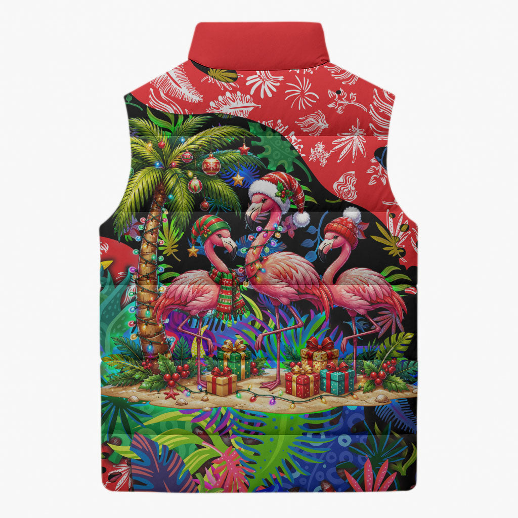 Christmas In July Flamingo Sleeveless Puffer Jacket Magic Santa Claus Festive Tropical Hawaiian Beach Birds