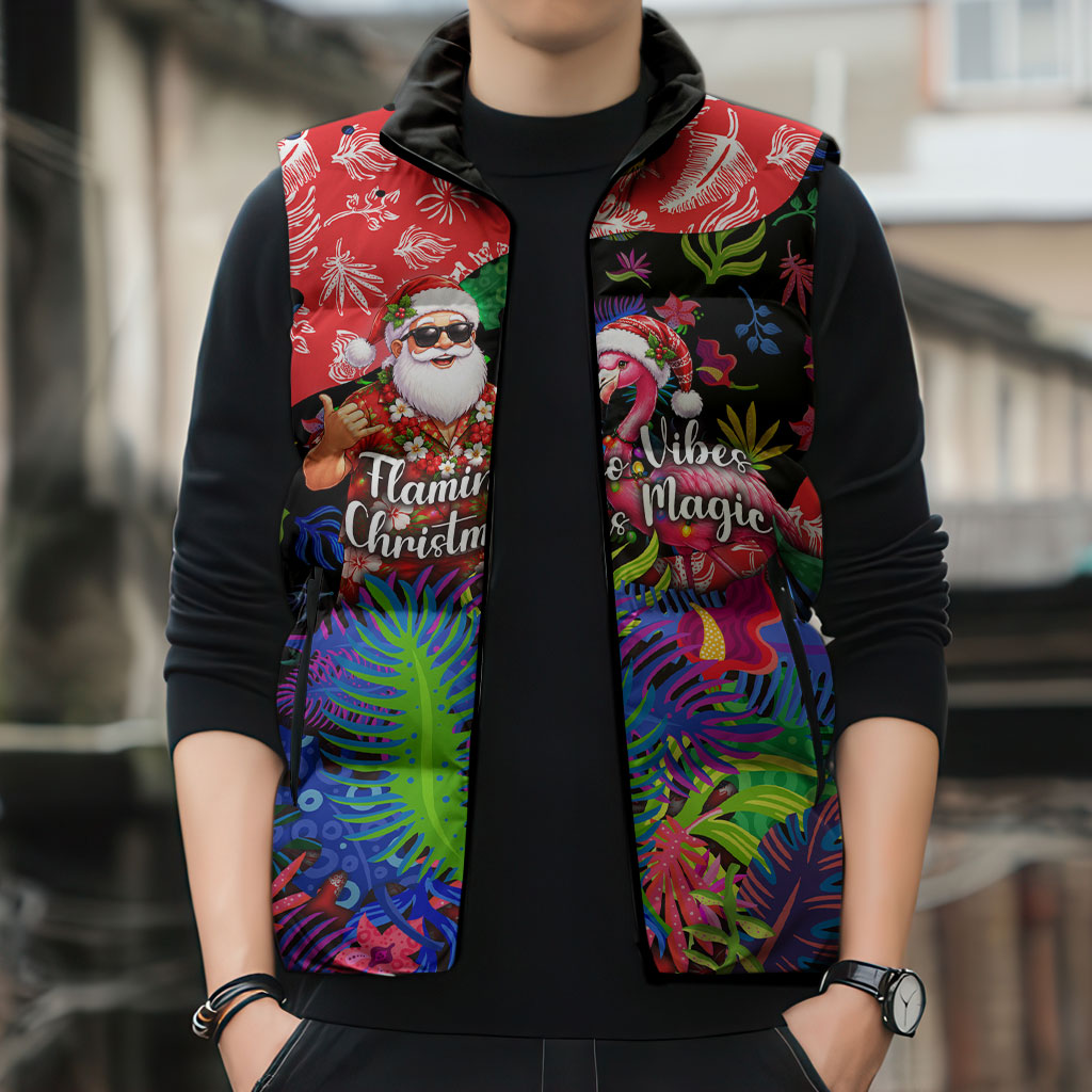 Christmas In July Flamingo Sleeveless Puffer Jacket Magic Santa Claus Festive Tropical Hawaiian Beach Birds