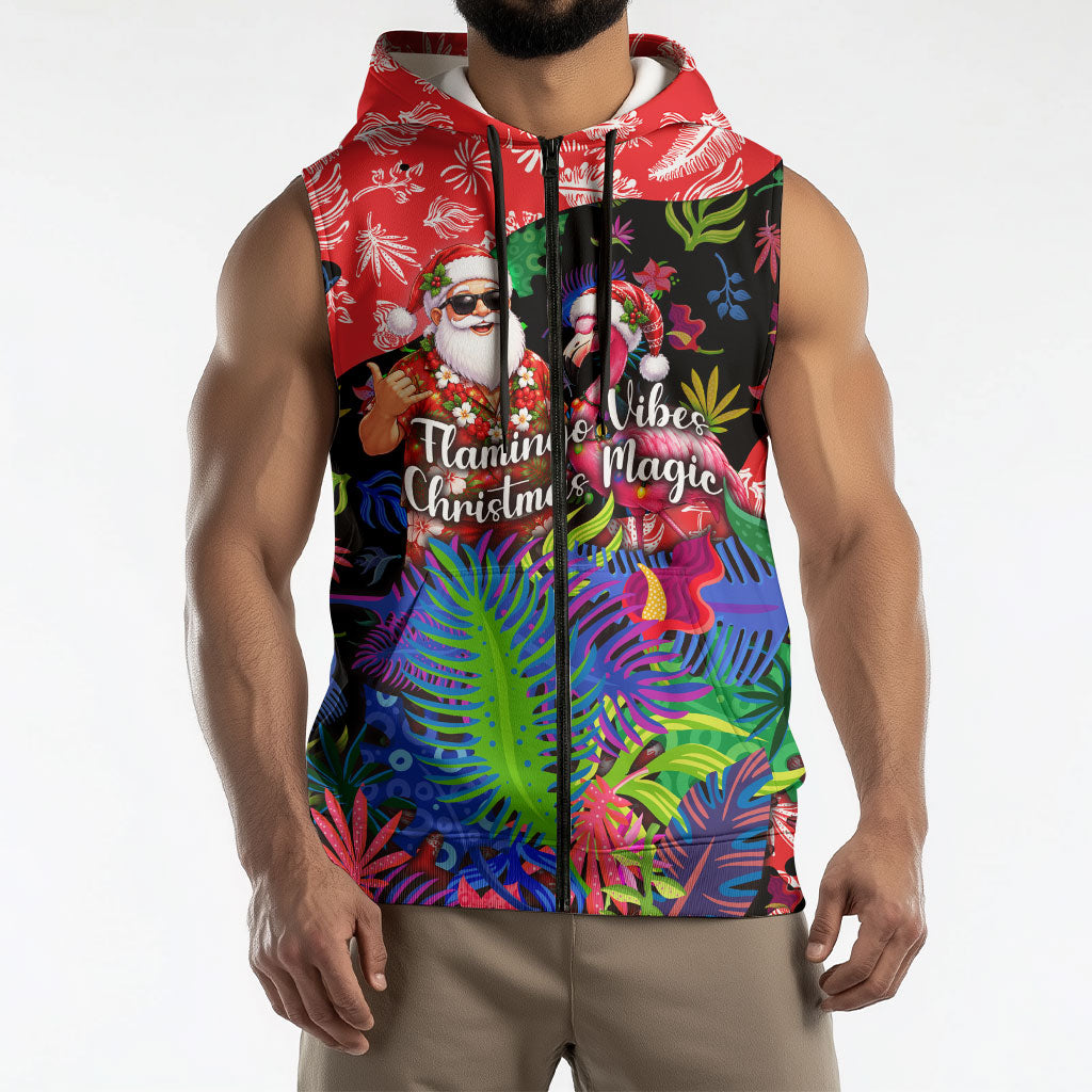 Christmas In July Flamingo Sleeveless Zip Hoodie Magic Santa Claus Festive Tropical Hawaiian Beach Birds