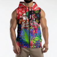 Christmas In July Flamingo Sleeveless Zip Hoodie Magic Santa Claus Festive Tropical Hawaiian Beach Birds
