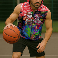 Christmas In July Flamingo Sleeveless Zip Hoodie Magic Santa Claus Festive Tropical Hawaiian Beach Birds