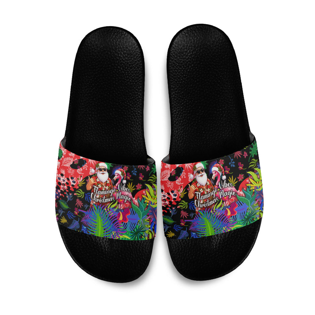 Christmas In July Flamingo Slide Sandals Magic Santa Claus Festive Tropical Hawaiian Beach Birds