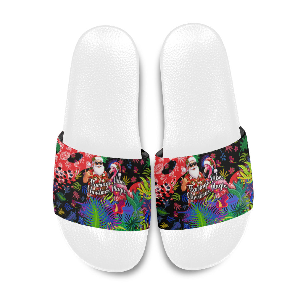 Christmas In July Flamingo Slide Sandals Magic Santa Claus Festive Tropical Hawaiian Beach Birds