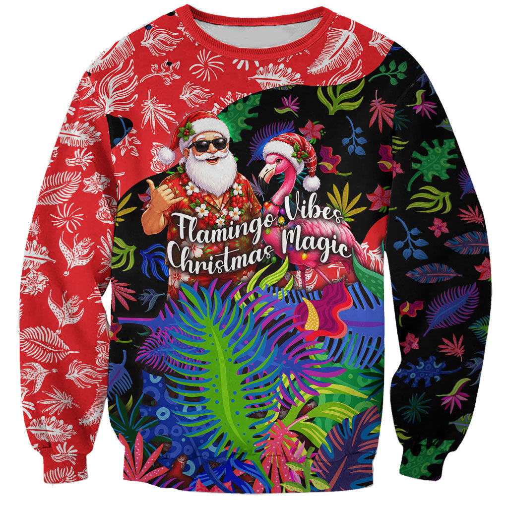 Christmas In July Flamingo Sweatshirt Magic Santa Claus Festive Tropical Hawaiian Beach Birds