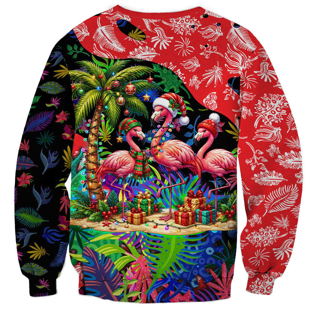 Christmas In July Flamingo Sweatshirt Magic Santa Claus Festive Tropical Hawaiian Beach Birds