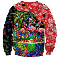 Christmas In July Flamingo Sweatshirt Magic Santa Claus Festive Tropical Hawaiian Beach Birds
