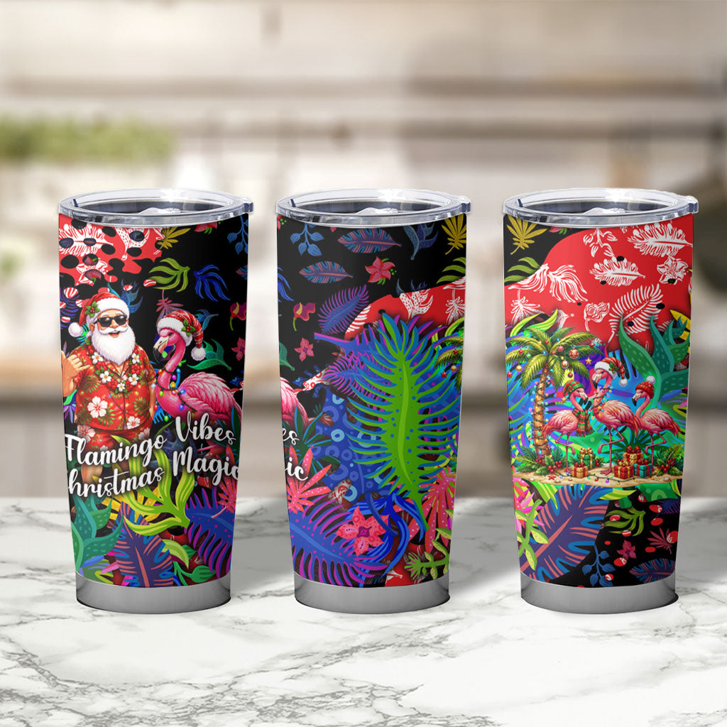 Christmas In July Flamingo Tumbler Cup Magic Santa Claus Festive Tropical Hawaiian Beach Birds
