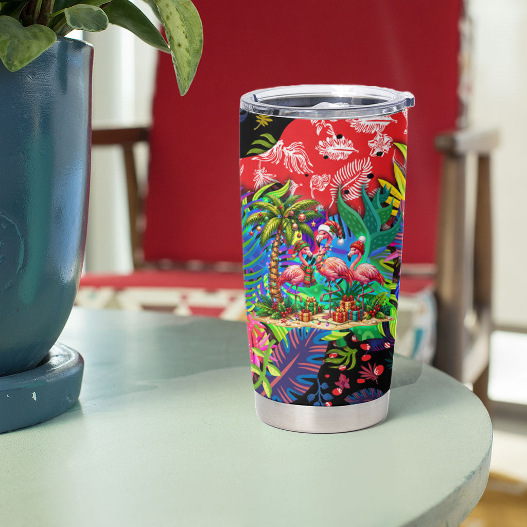 Christmas In July Flamingo Tumbler Cup Magic Santa Claus Festive Tropical Hawaiian Beach Birds