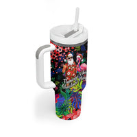Christmas In July Flamingo Tumbler With Handle Magic Santa Claus Festive Tropical Hawaiian Beach Birds