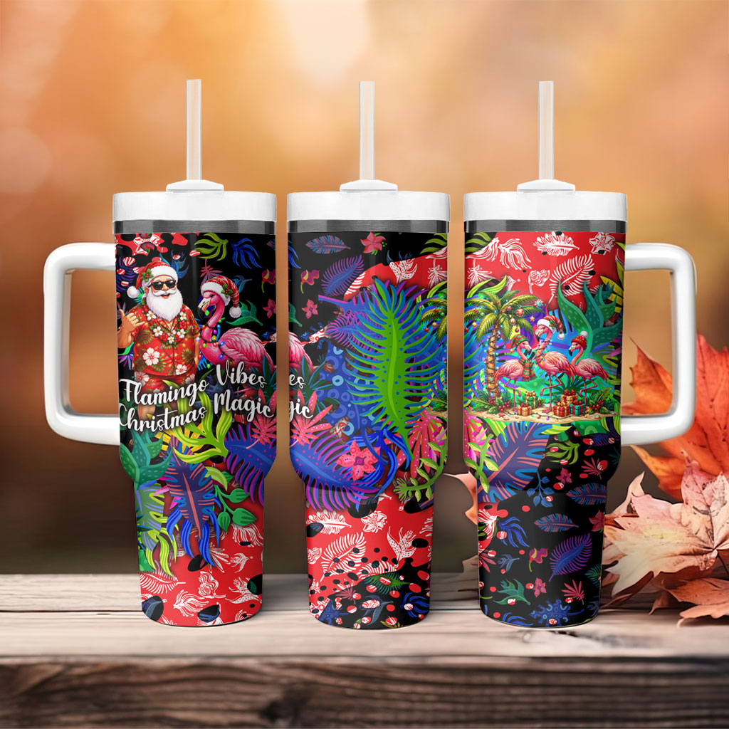 Christmas In July Flamingo Tumbler With Handle Magic Santa Claus Festive Tropical Hawaiian Beach Birds
