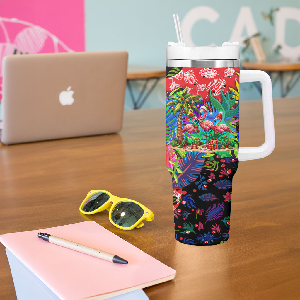 Christmas In July Flamingo Tumbler With Handle Magic Santa Claus Festive Tropical Hawaiian Beach Birds