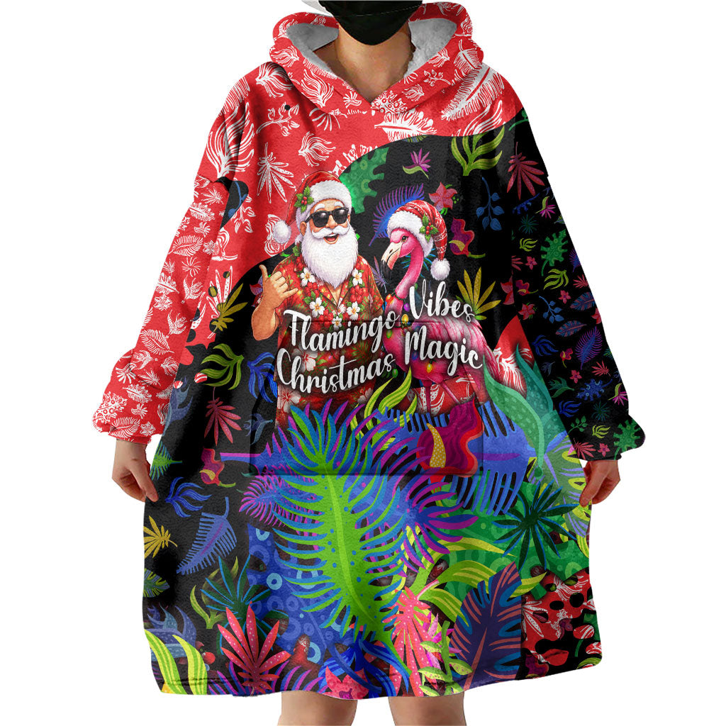 Christmas In July Flamingo Wearable Blanket Hoodie Magic Santa Claus Festive Tropical Hawaiian Beach Birds