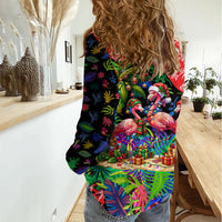 Christmas In July Flamingo Women Casual Shirt Magic Santa Claus Festive Tropical Hawaiian Beach Birds