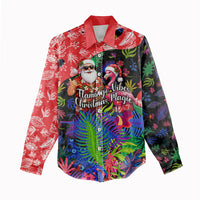 Christmas In July Flamingo Women Casual Shirt Magic Santa Claus Festive Tropical Hawaiian Beach Birds