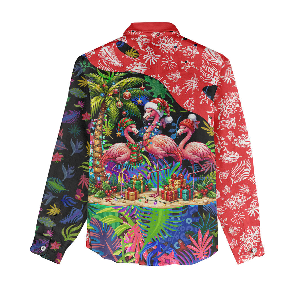 Christmas In July Flamingo Women Casual Shirt Magic Santa Claus Festive Tropical Hawaiian Beach Birds