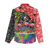 Christmas In July Flamingo Women Casual Shirt Magic Santa Claus Festive Tropical Hawaiian Beach Birds