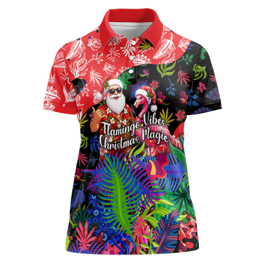Christmas In July Flamingo Women Polo Shirt Magic Santa Claus Festive Tropical Hawaiian Beach Birds