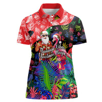Christmas In July Flamingo Women Polo Shirt Magic Santa Claus Festive Tropical Hawaiian Beach Birds