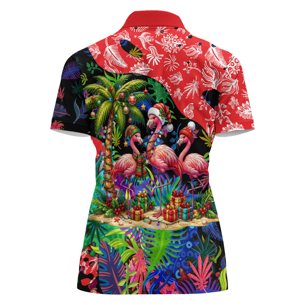 Christmas In July Flamingo Women Polo Shirt Magic Santa Claus Festive Tropical Hawaiian Beach Birds